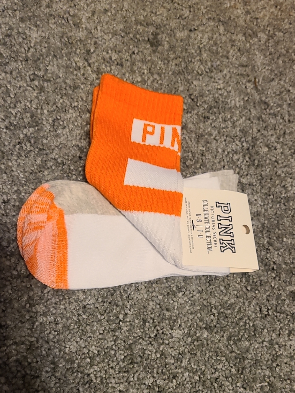 PINK Victoria's Secret White & Bright Orange Crew Athletic Socks